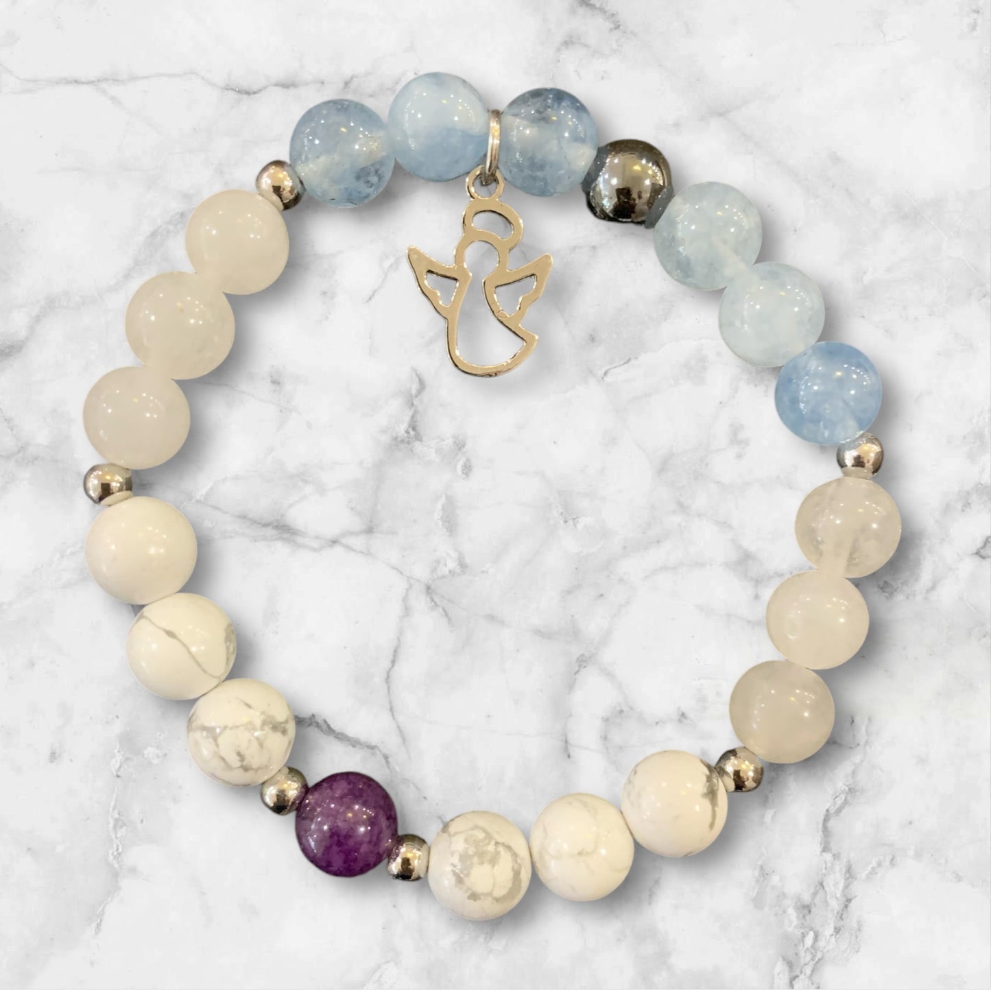 Handmade Blue and White Magnesite with Angel Charm Natural Stone Bracelet