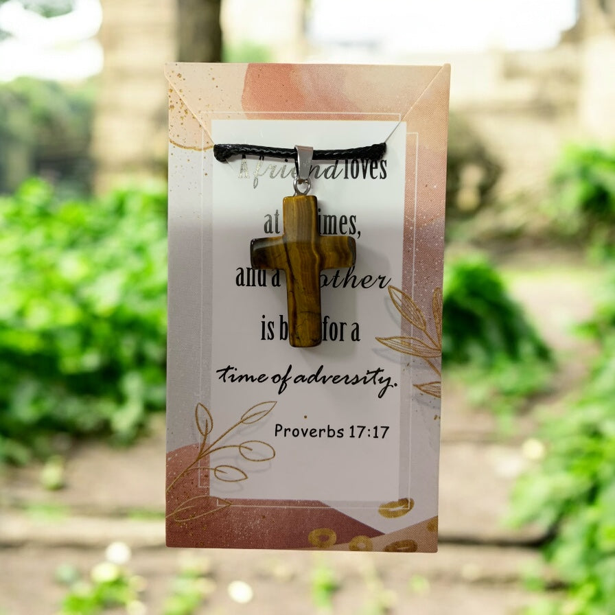 Natural Stone Cross Tiger’s Eye (Gold and Brown Color) with Black Cord in Stainless Steel