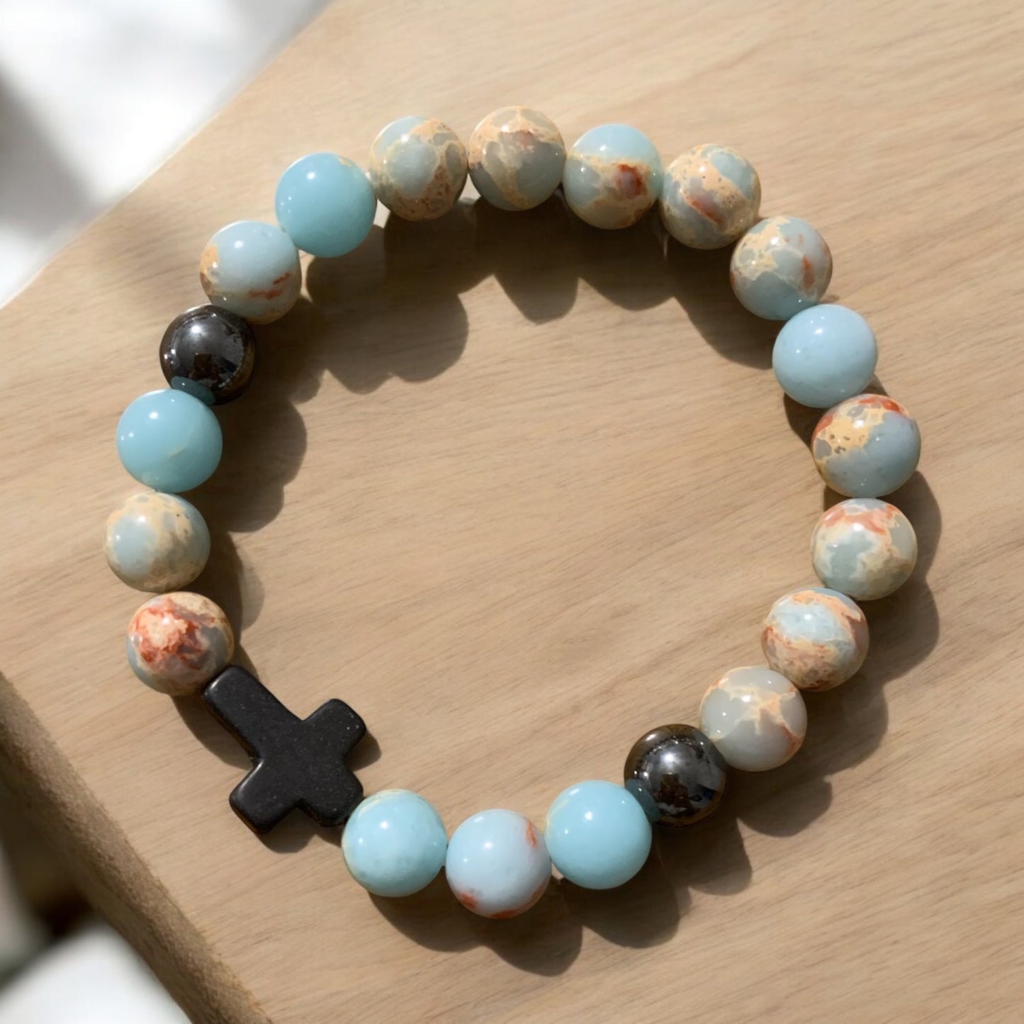 Handmade Light Blue Agate Natural Stone Bracelet with Cross Charm