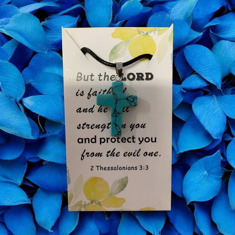 Natural Stone Cross Turquoise (Ocean Blue) with Black Cord in Stainless Steel