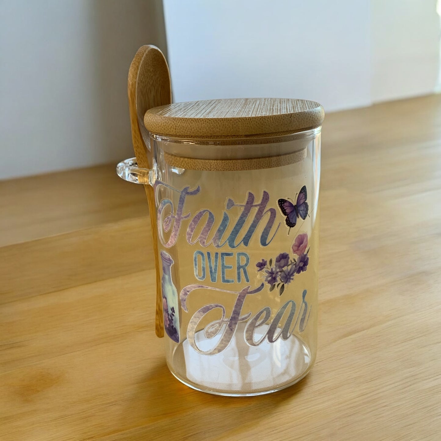 Glass Container with Wood Lid and Spoon Faith Message