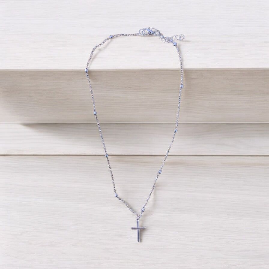 Cross with Bead and Chain Necklace Silver Plated