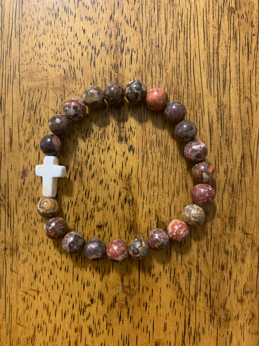 Leopard Skin Jasper Handmade Stretch Bracelet with Cross