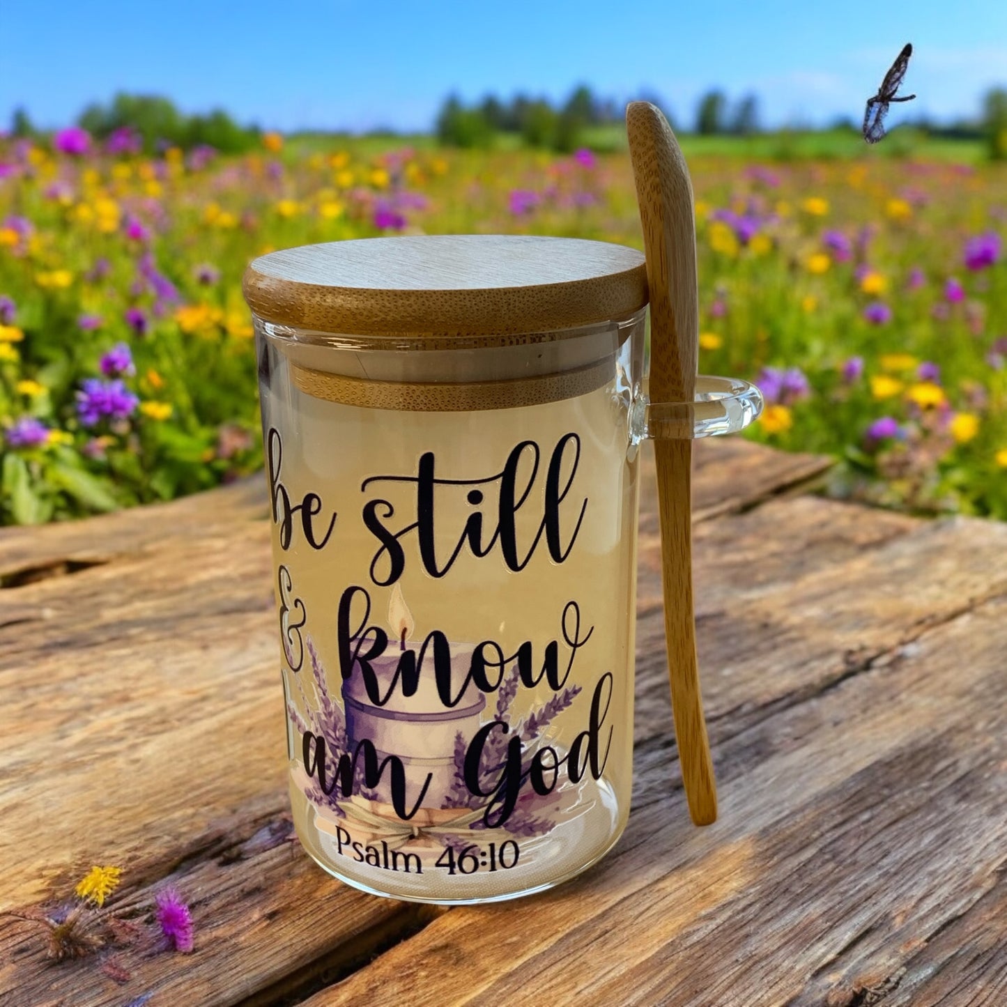 Glass Container with Wood Lid and Spoon Faith Message