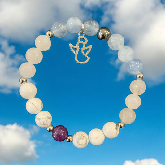 Handmade Blue and White Magnesite with Angel Charm Natural Stone Bracelet