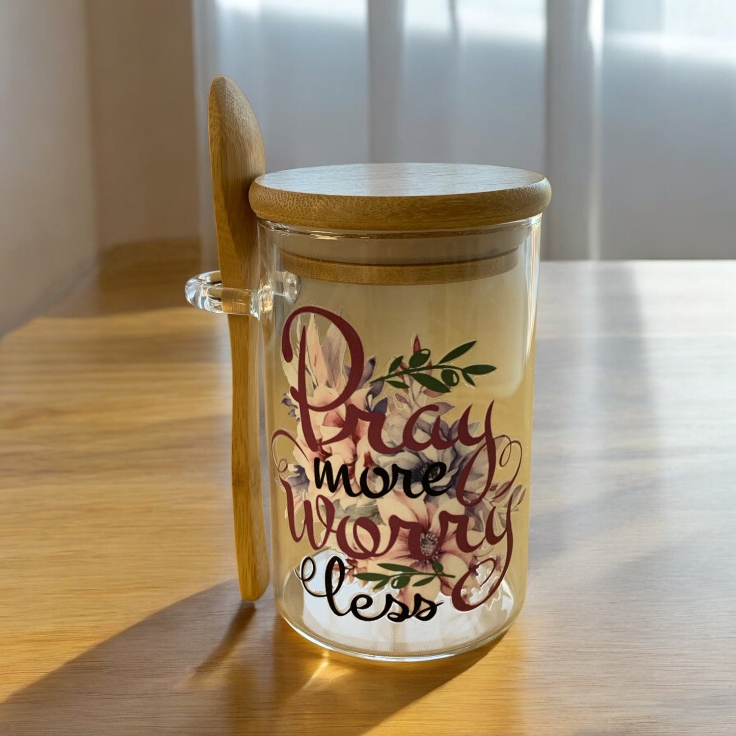 Glass Container with Wood Lid and Spoon Faith Message