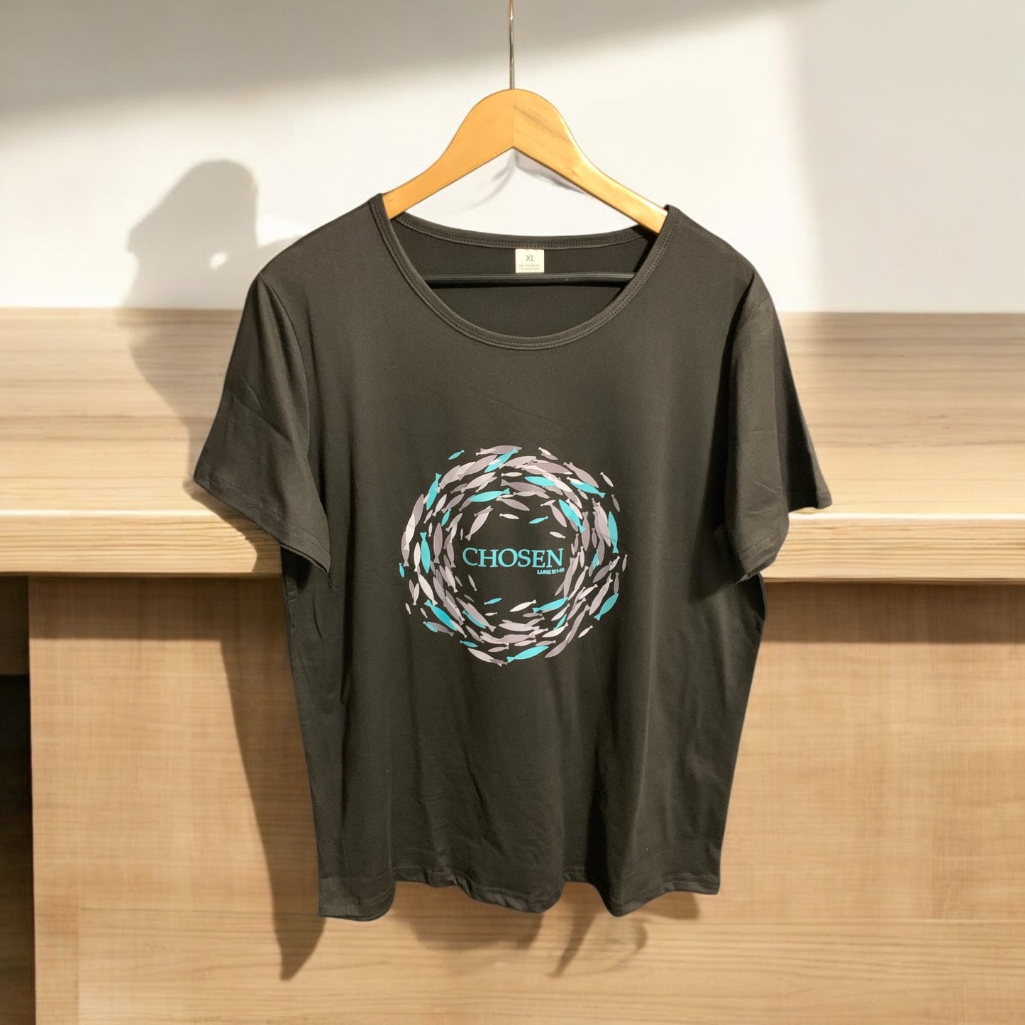 Chosen Swirling Fish Luke 5:1-10 Black T Shirt