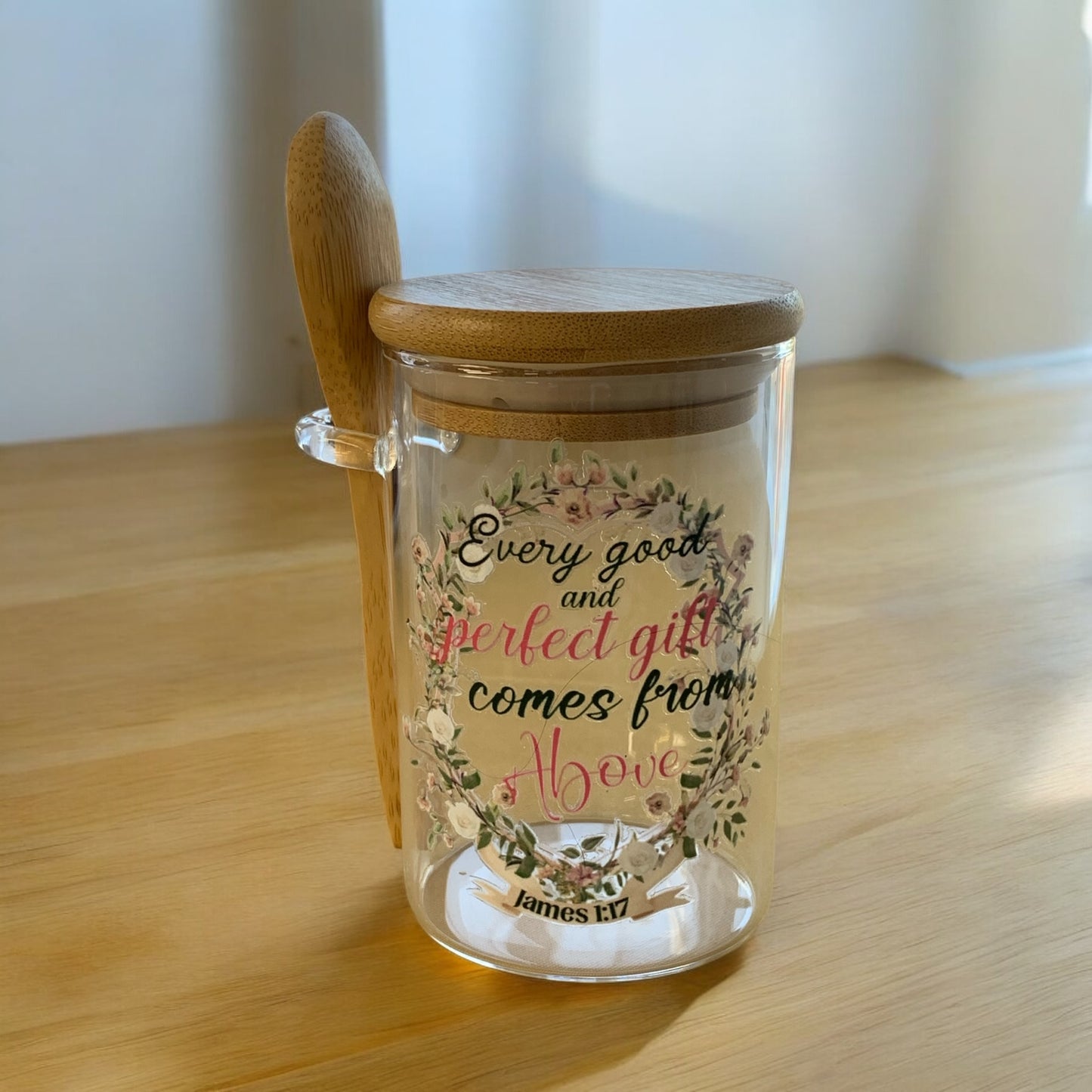 Glass Container with Wood Lid and Spoon Faith Message