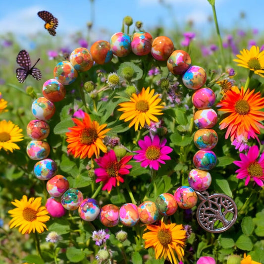 Rainbow Calsilica Tree of Life Handmade Stretch Bracelet