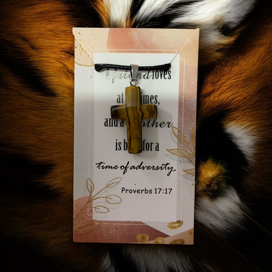 Natural Stone Cross Tiger’s Eye (Gold and Brown Color) with Black Cord in Stainless Steel