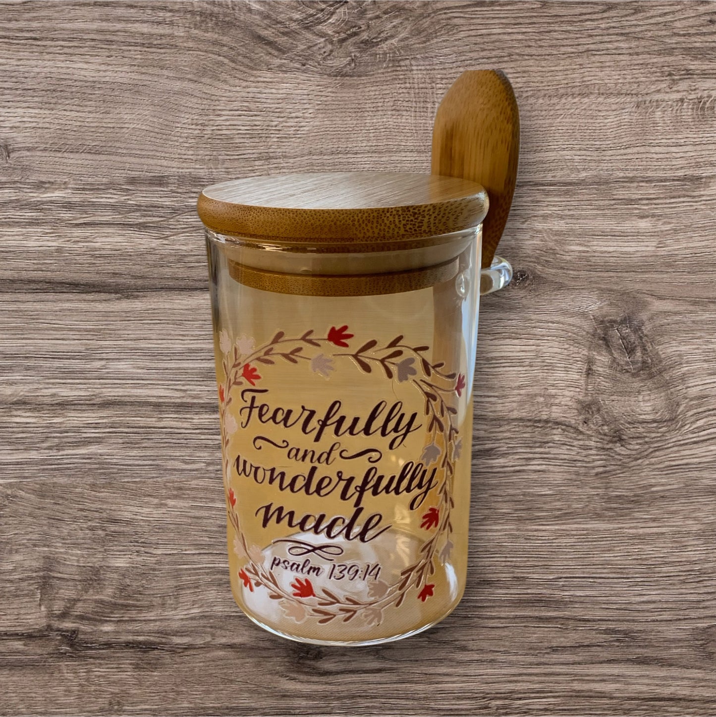 Glass Container with Wood Lid and Spoon Faith Message