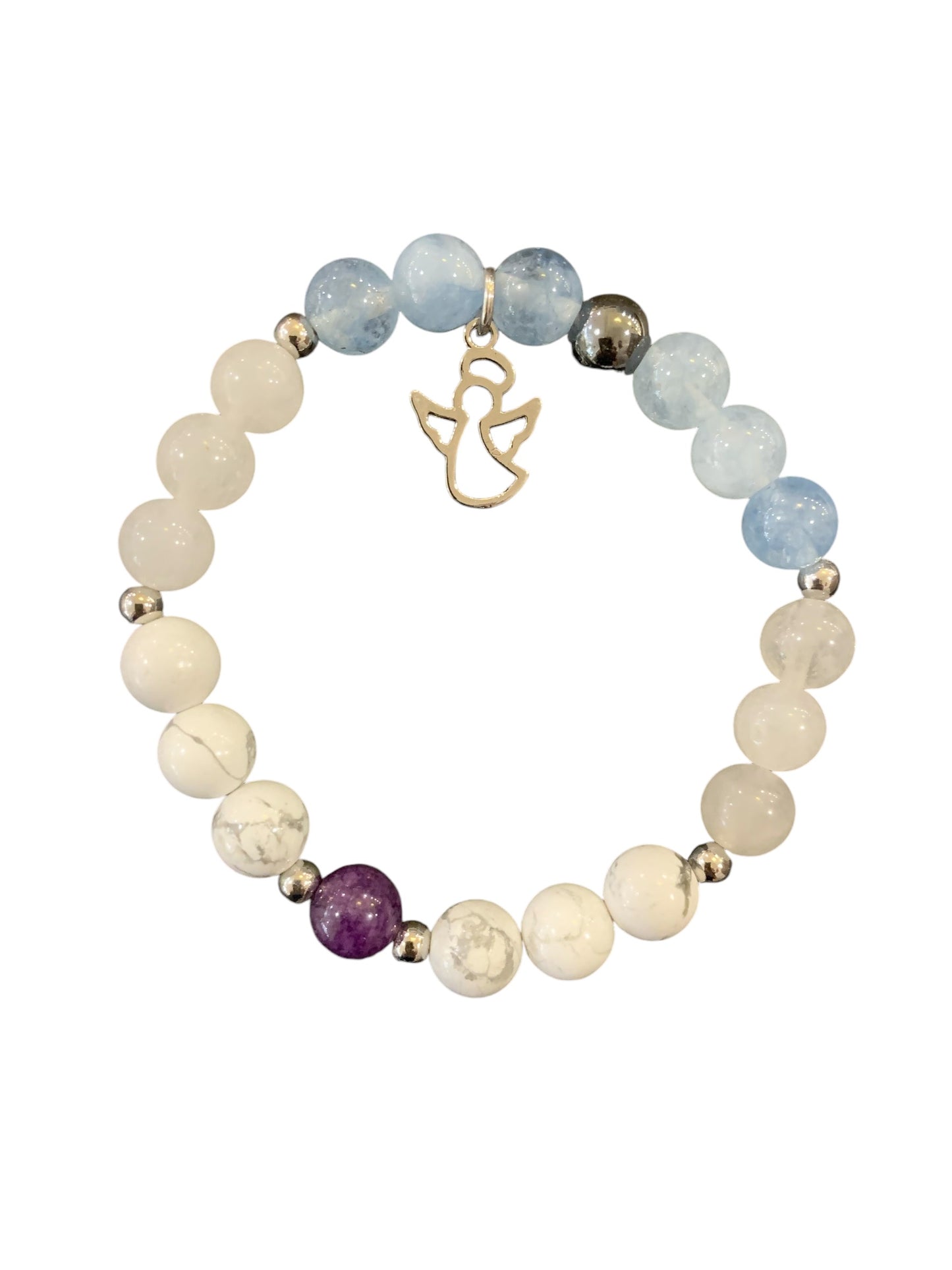 Handmade Blue and White Magnesite with Angel Charm Natural Stone Bracelet