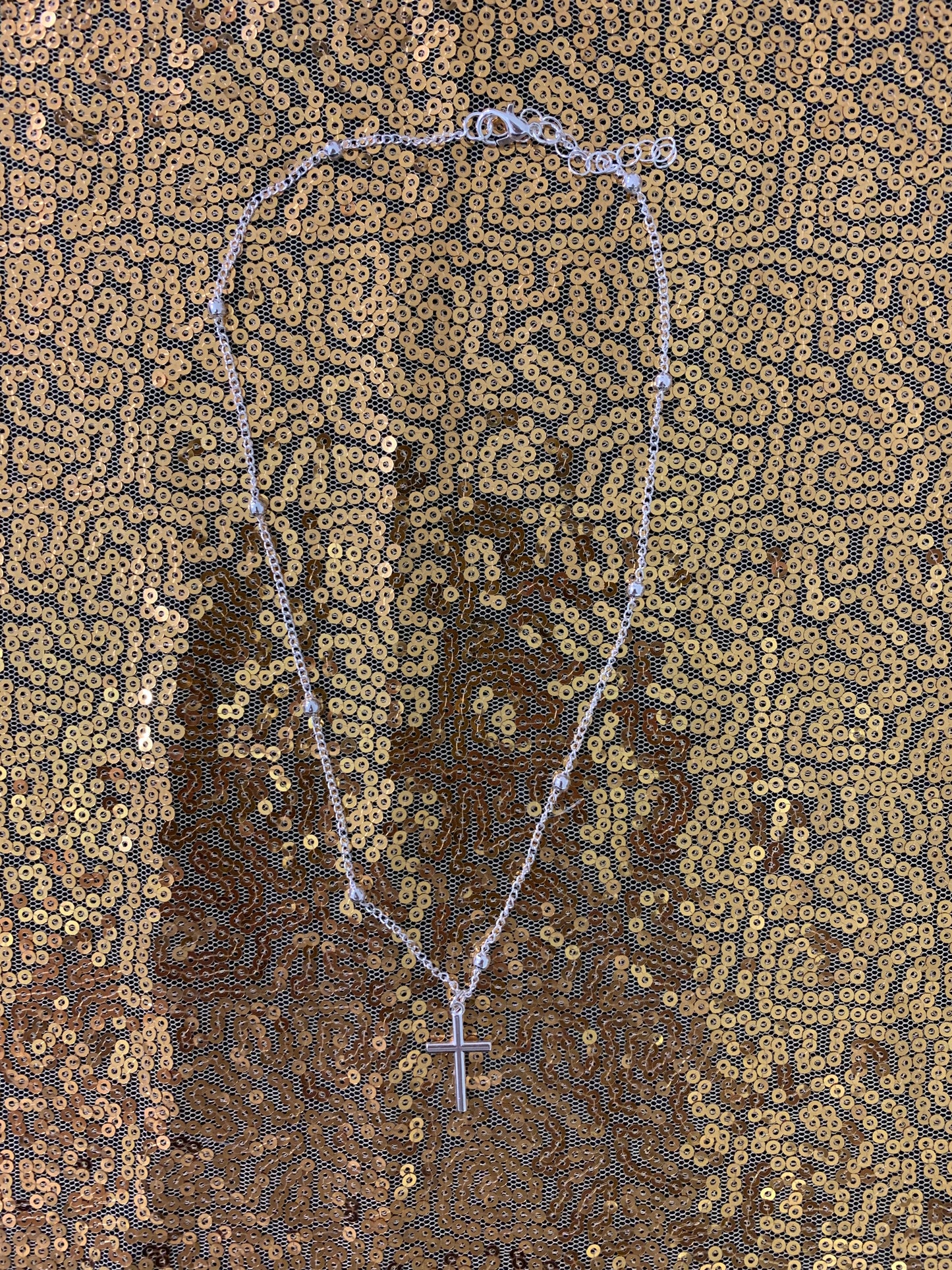 Cross with Bead and Chain Necklace Silver Plated