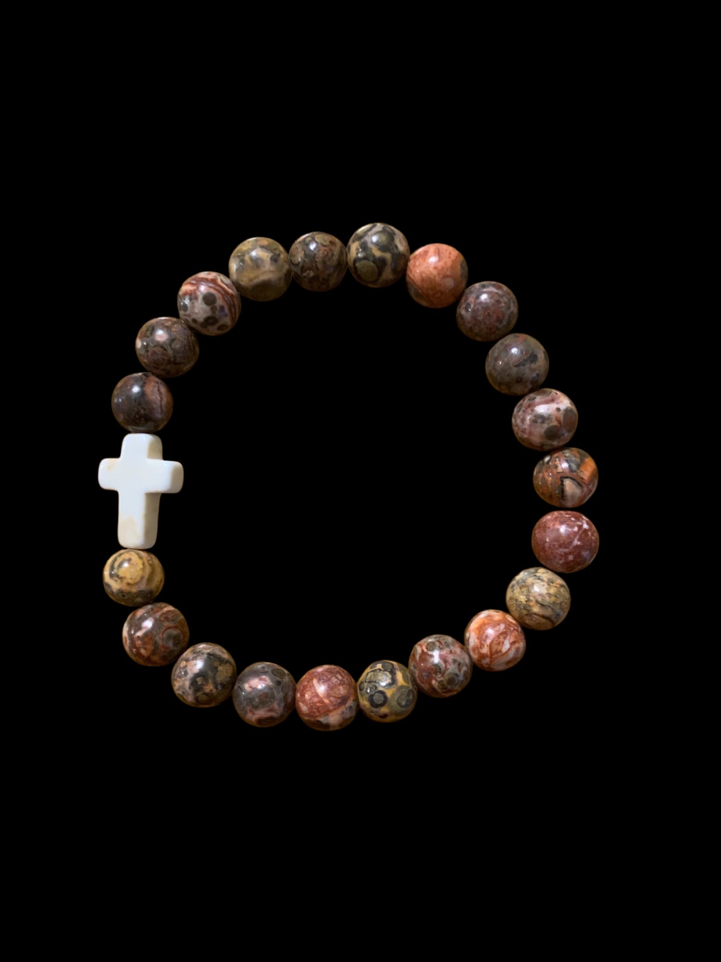Leopard Skin Jasper Handmade Stretch Bracelet with Cross