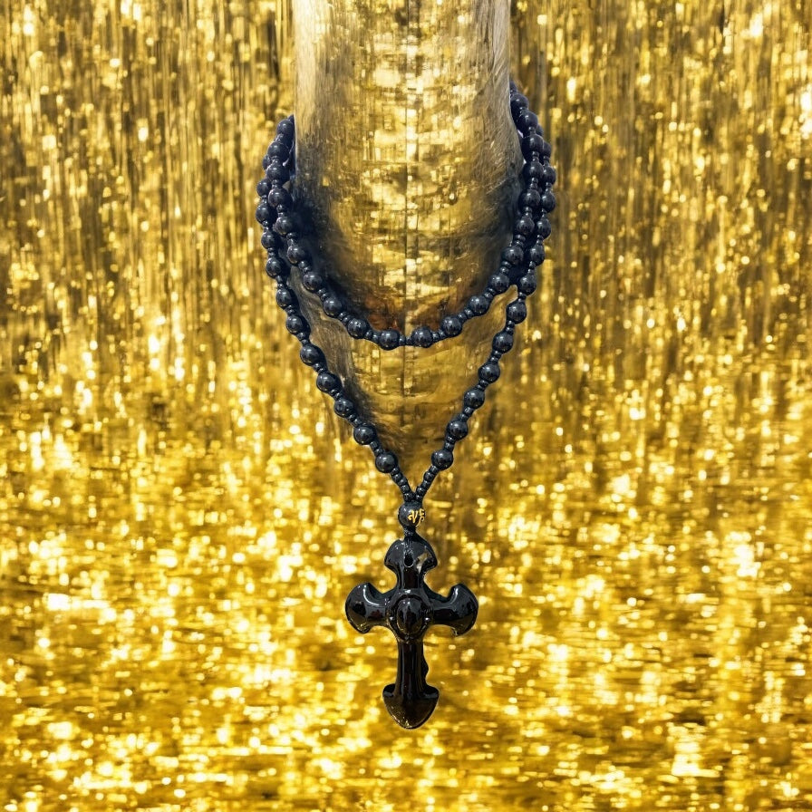 Black Agate Onyx Cross with Beaded Necklace