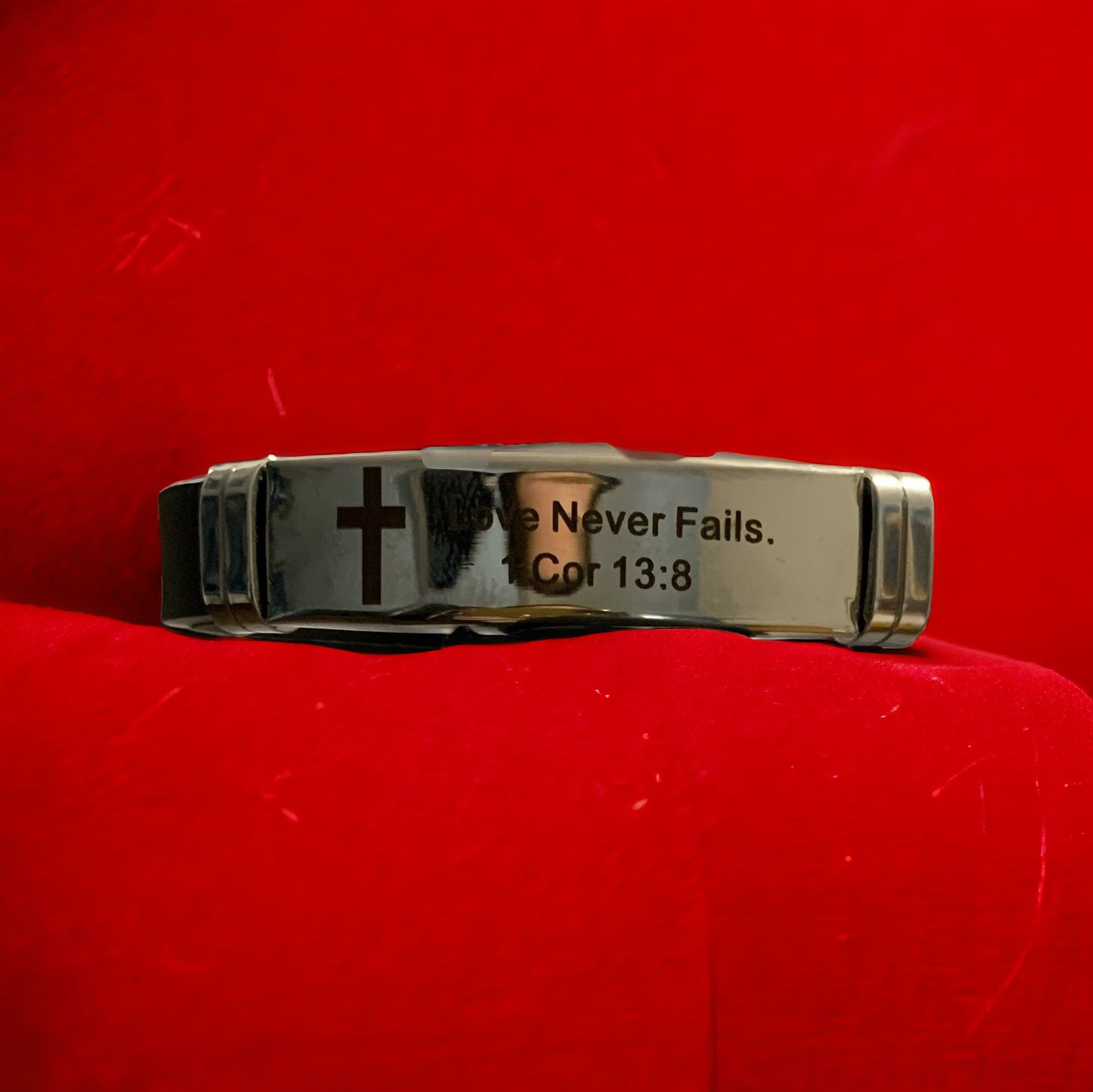 Love Never Fails (Silver) Stainless Steel Bracelet 1 Corinthians 13:8