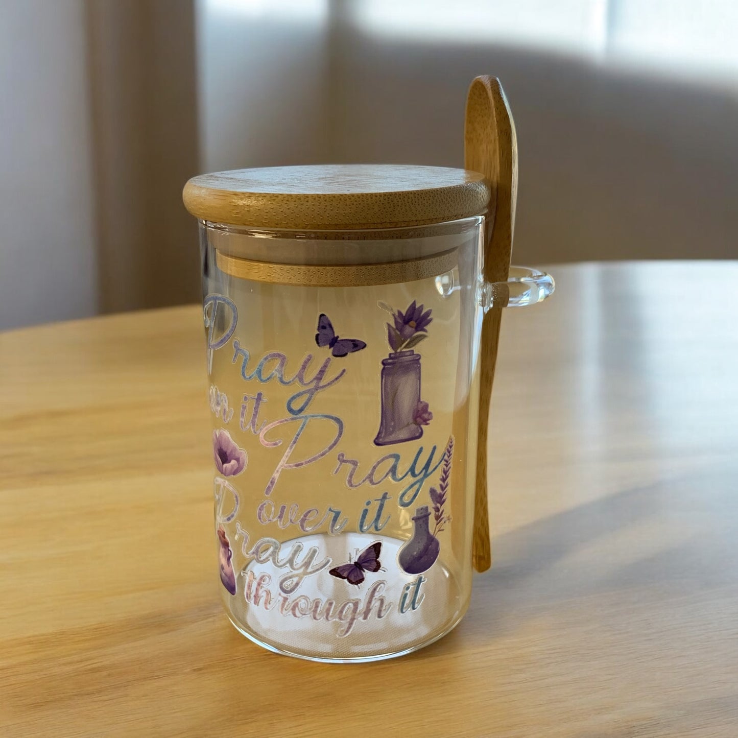 Glass Container with Wood Lid and Spoon Faith Message