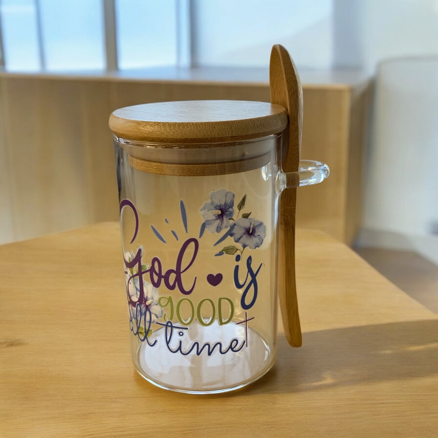 Glass Container with Wood Lid and Spoon Faith Message