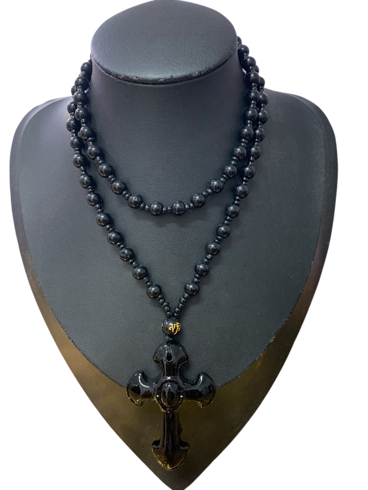 Black Agate Onyx Cross with Beaded Necklace