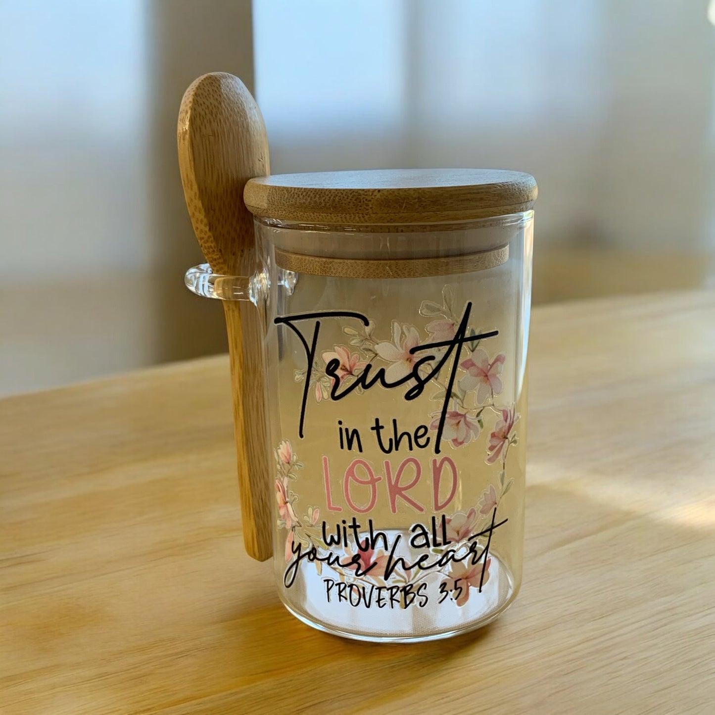 Glass Container with Wood Lid and Spoon Faith Message