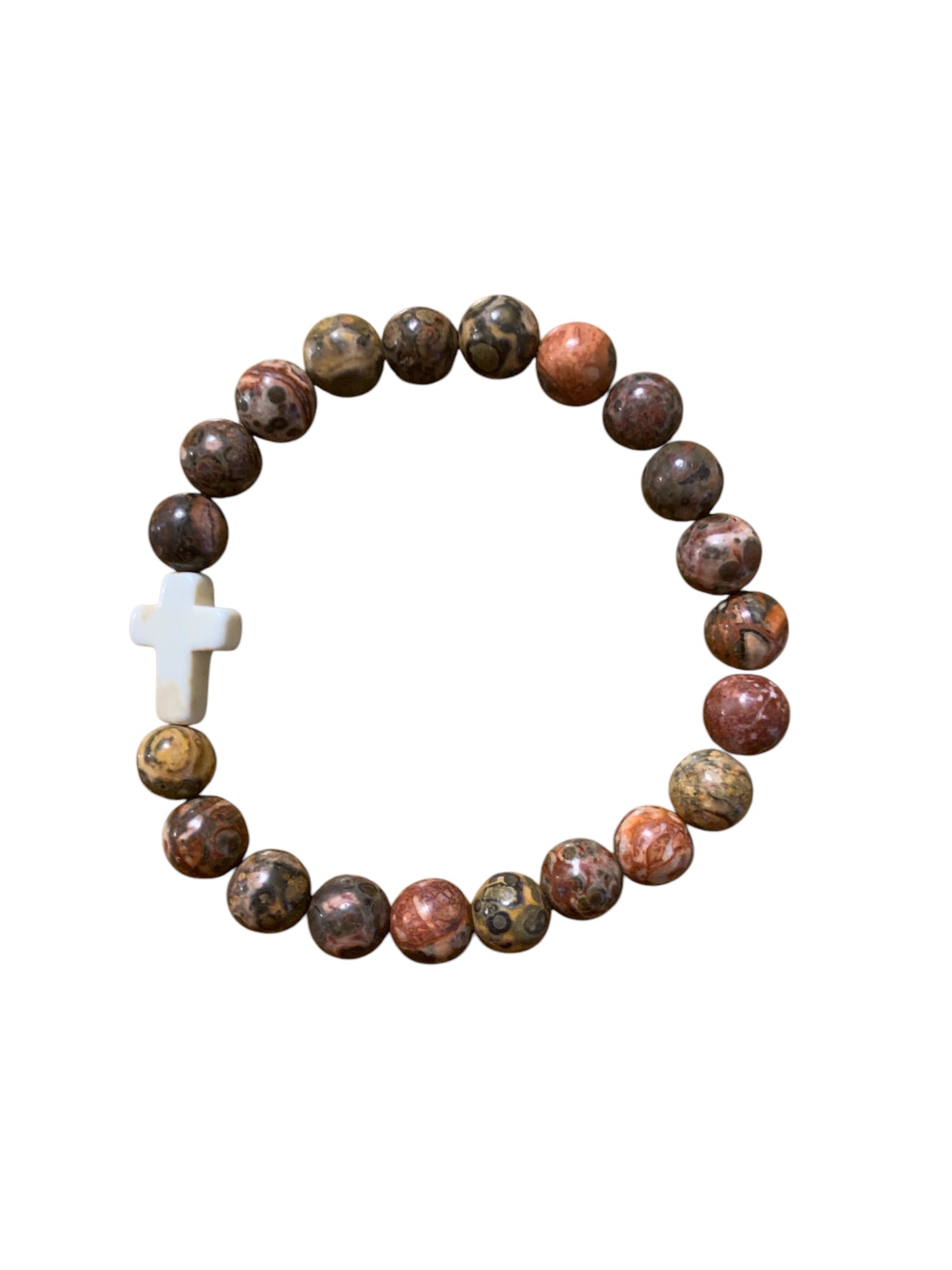 Leopard Skin Jasper Handmade Stretch Bracelet with Cross