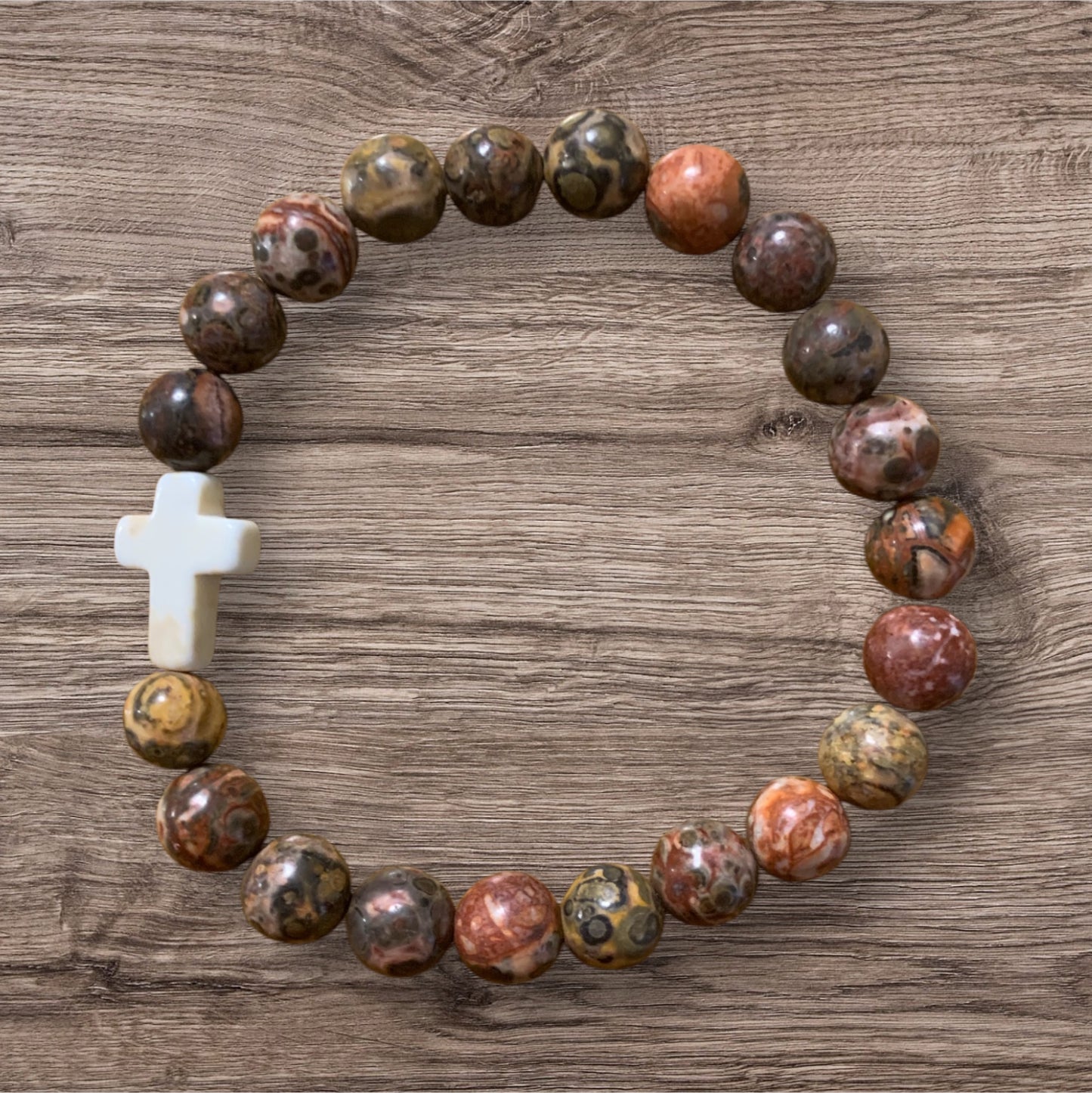 Leopard Skin Jasper Handmade Stretch Bracelet with Cross