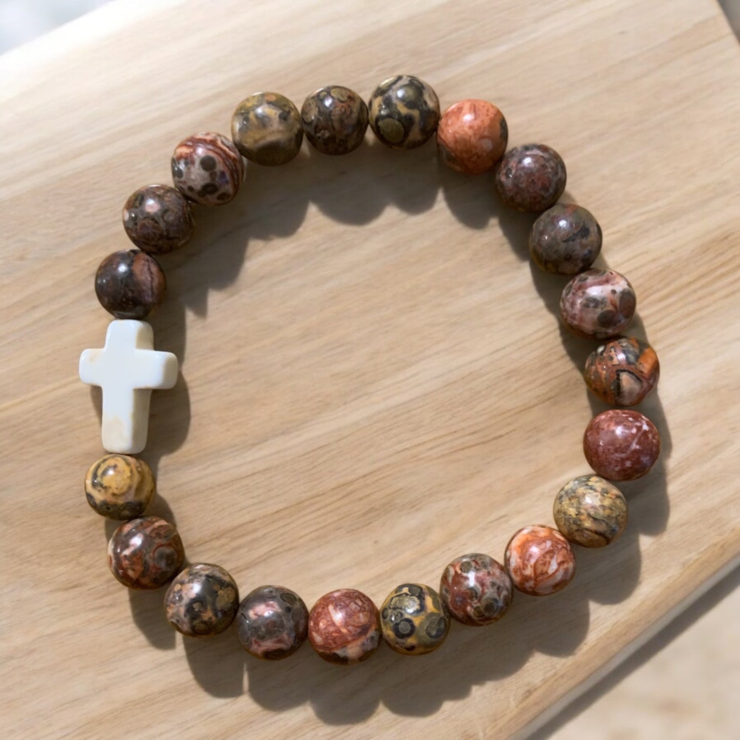 Leopard Skin Jasper Handmade Stretch Bracelet with Cross