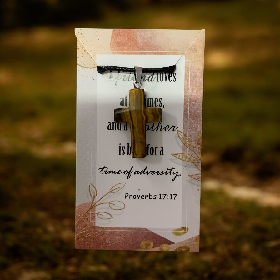 Natural Stone Cross Tiger’s Eye (Gold and Brown Color) with Black Cord in Stainless Steel