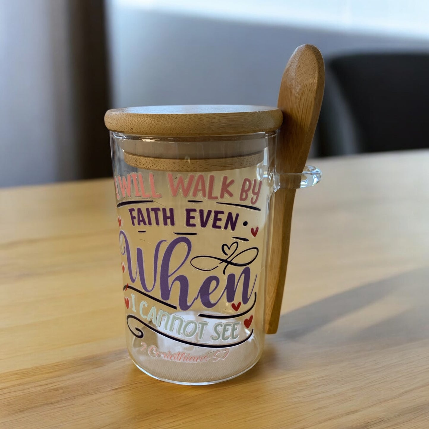 Glass Container with Wood Lid and Spoon Faith Message