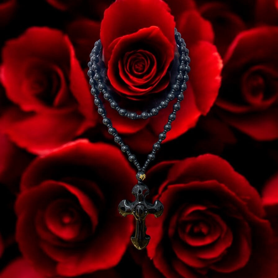 Black Agate Onyx Cross with Beaded Necklace