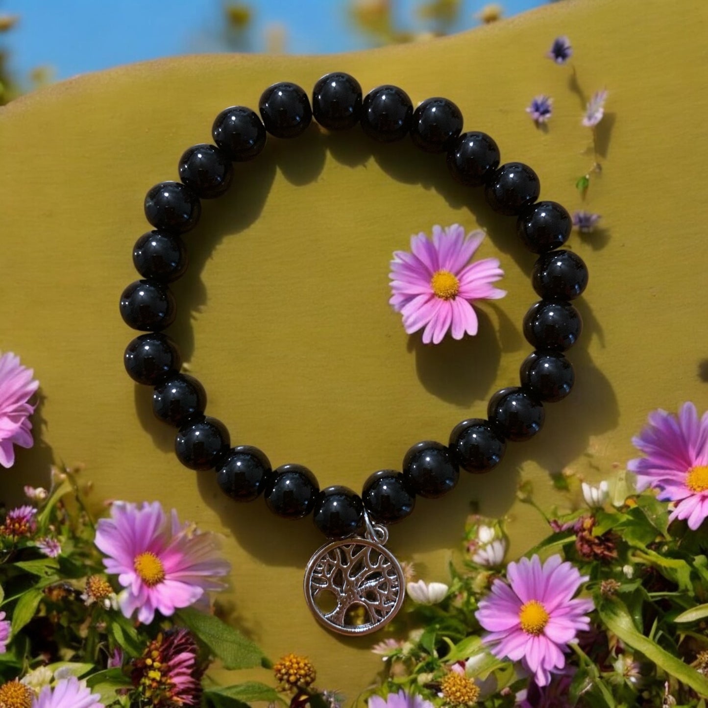 Black Agate Tree of Life Handmade Stretch Bracelet