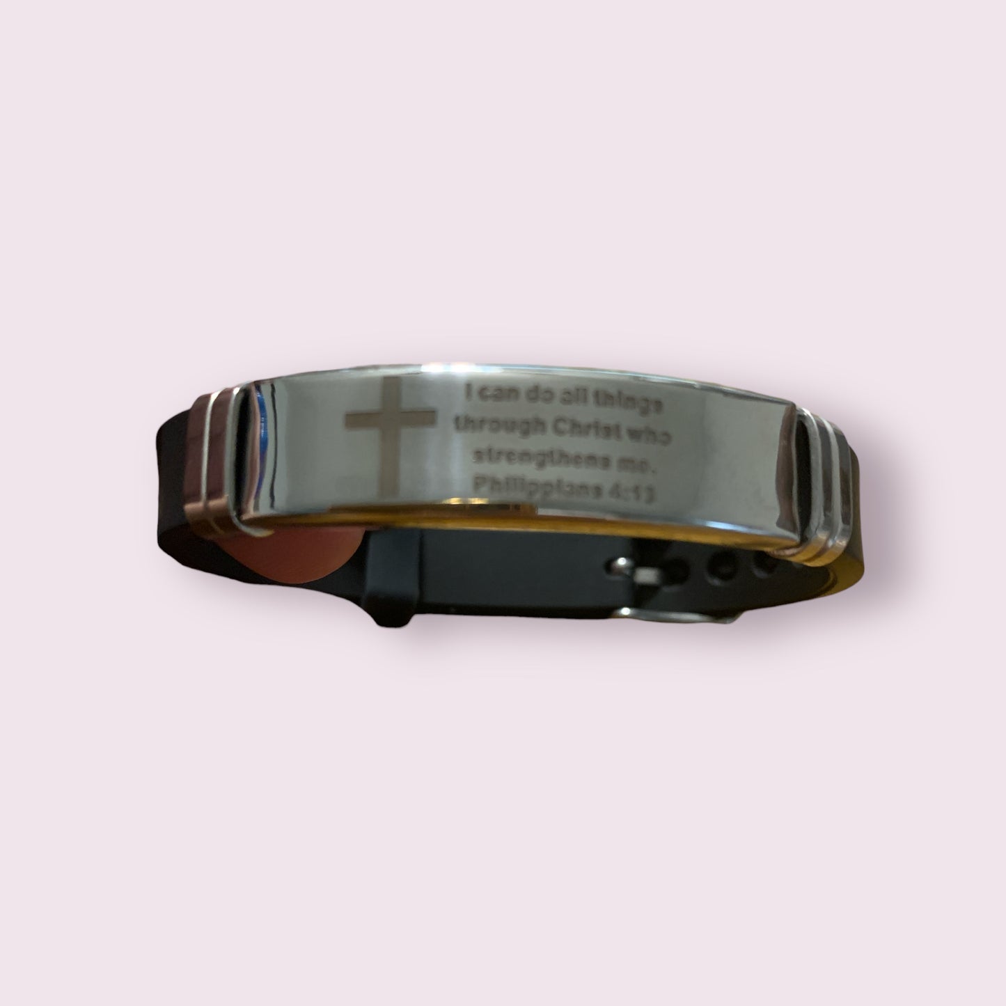 I Can Do All Things Through Christ Who Strengthens Me (Silver) Stainless Steel Black Bracelet Philippians 4:13