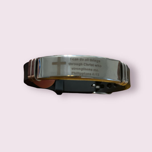 I Can Do All Things Through Christ Who Strengthens Me (Silver) Stainless Steel Black Bracelet Philippians 4:13