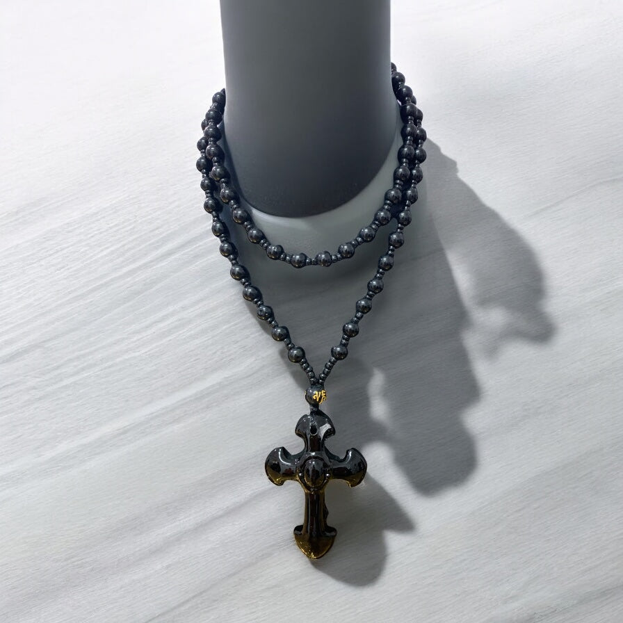 Black Agate Onyx Cross with Beaded Necklace