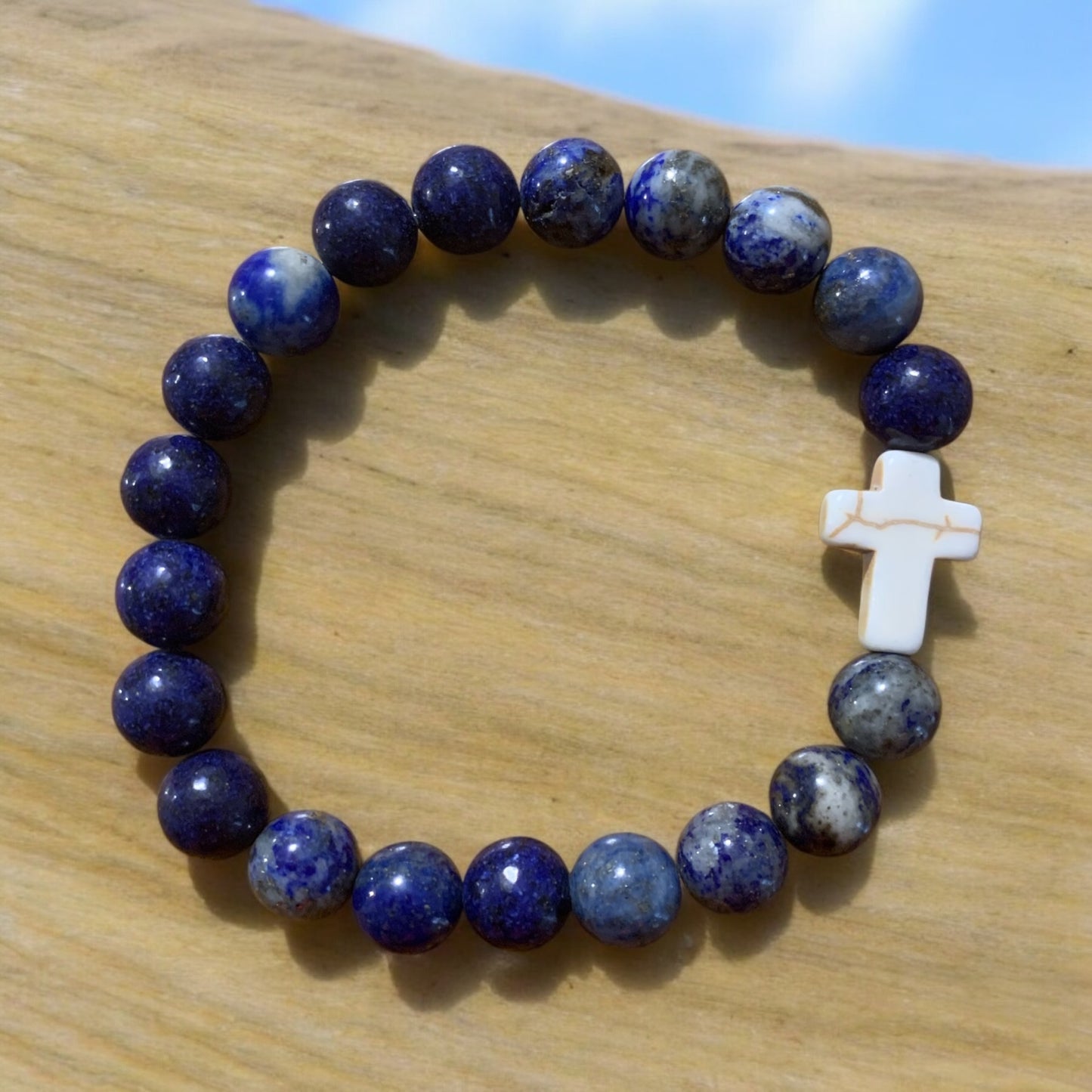 Lápiz Lazuli Handmade Stretch Bracelet with Cross