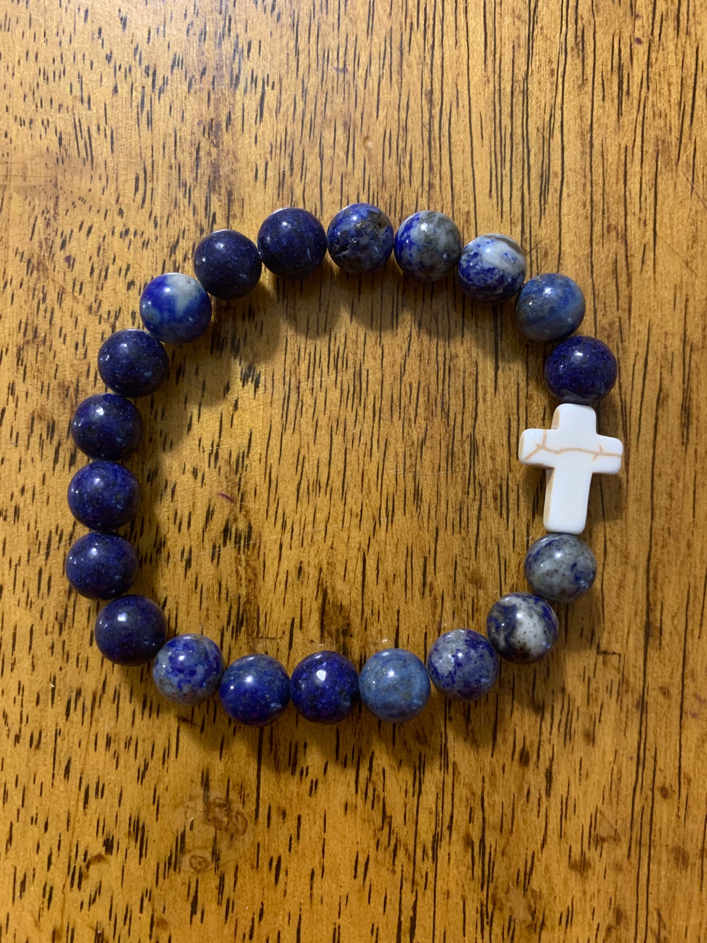 Lápiz Lazuli Handmade Stretch Bracelet with Cross