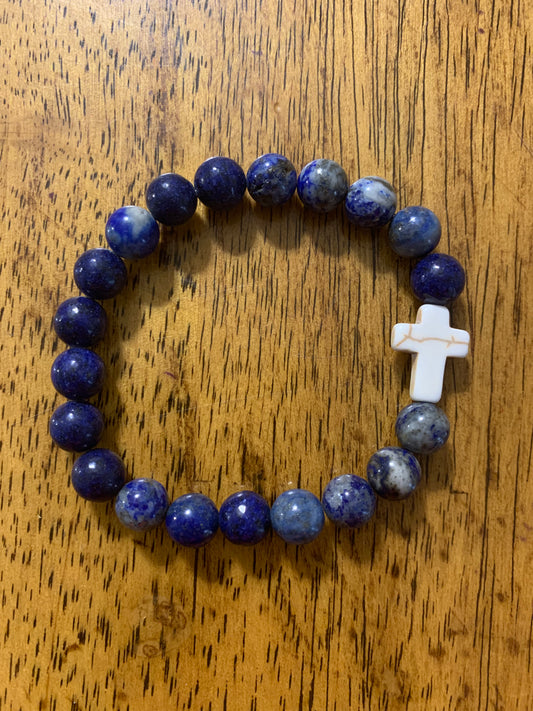 Lápiz Lazuli Handmade Stretch Bracelet with Cross