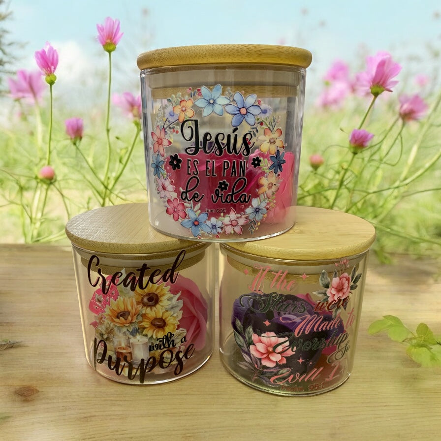 Faith Glass Containers with Bamboo Lid and Bath Rose Petals