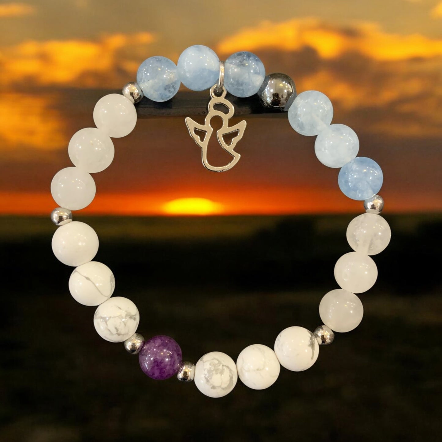Handmade Blue and White Magnesite with Angel Charm Natural Stone Bracelet