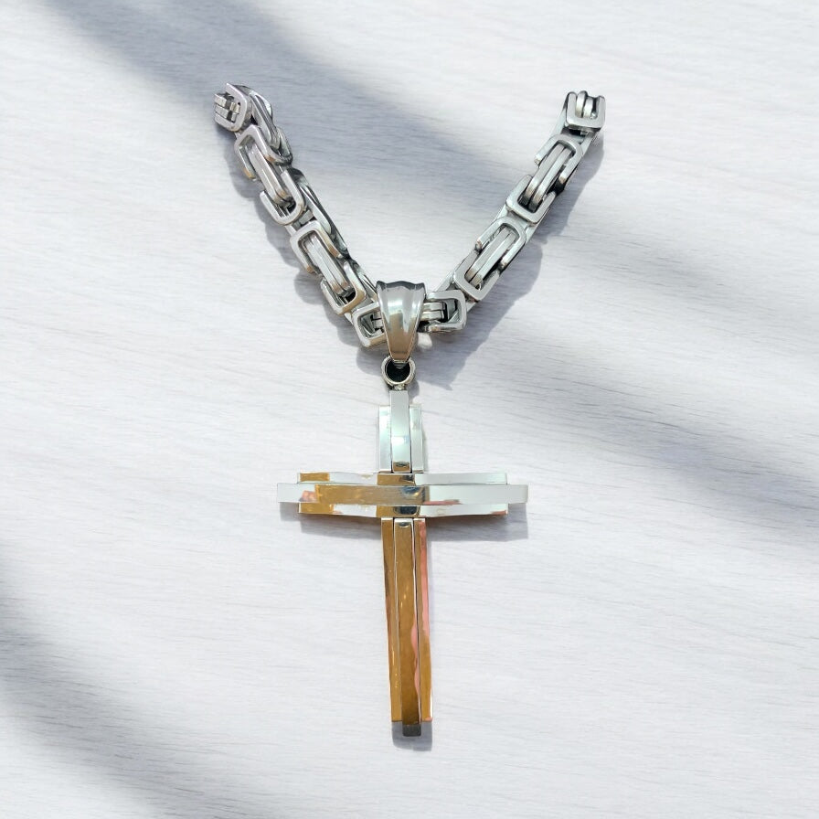 Man’s Stainless Steel Cross Necklace Heavy Thick Silver Color