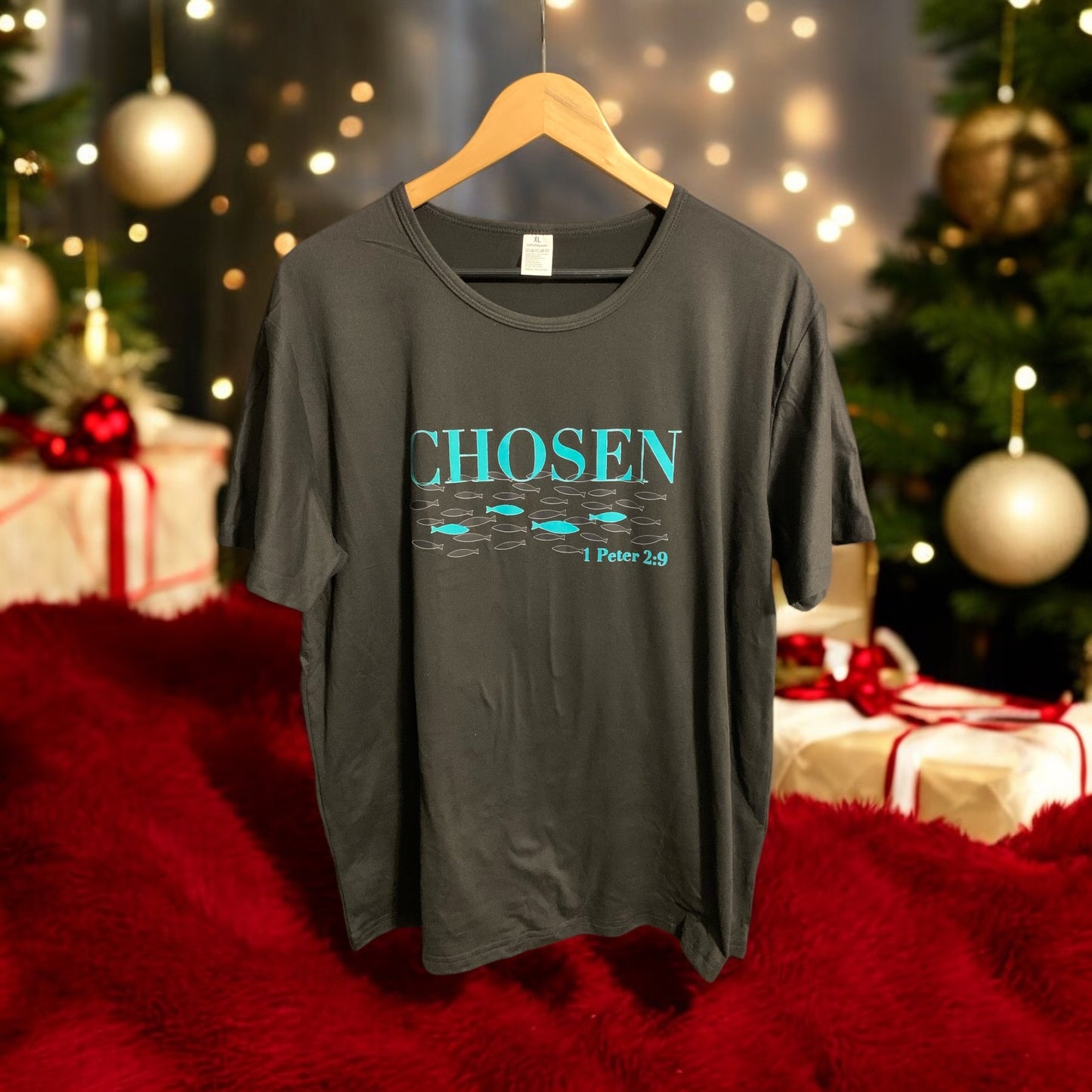 CHOSEN Fish Swimming in River 1 Peter 2:9 Black T Shirt