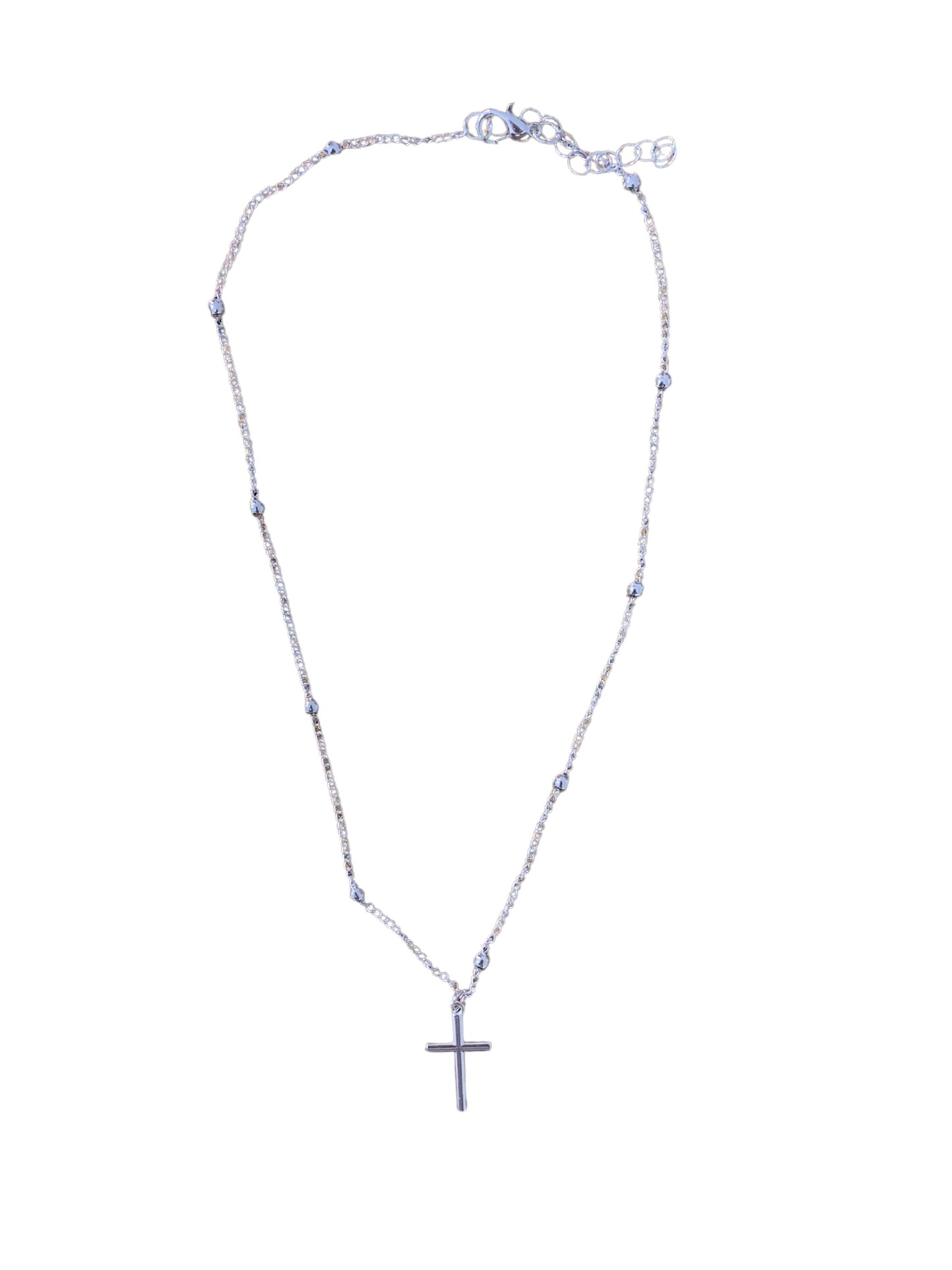 Cross with Bead and Chain Necklace Silver Plated