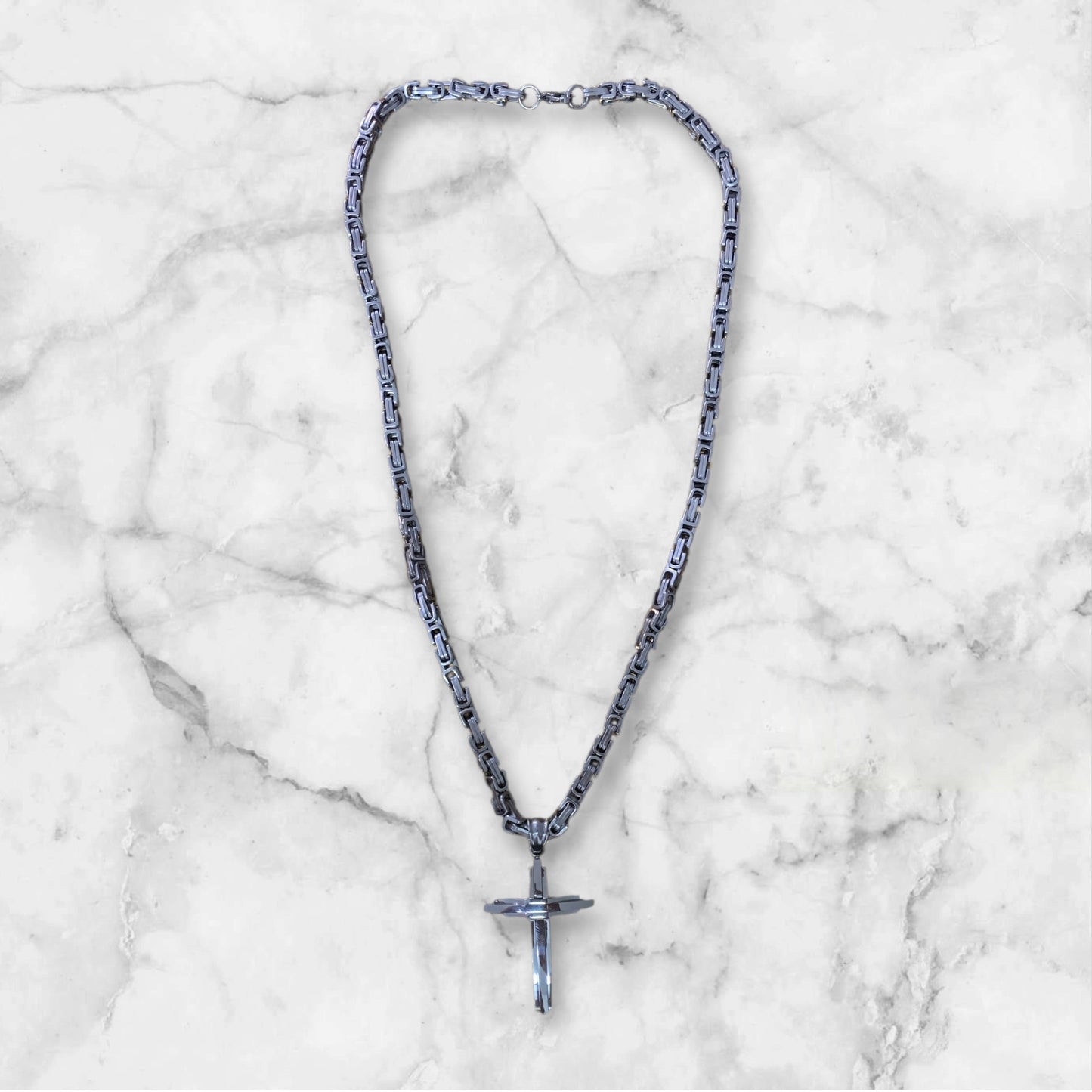 Man’s Stainless Steel Cross Necklace Heavy Thick Silver Color