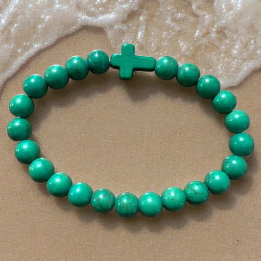 Semiprecious Green Magnesite Natural Stone Bracelet with cross