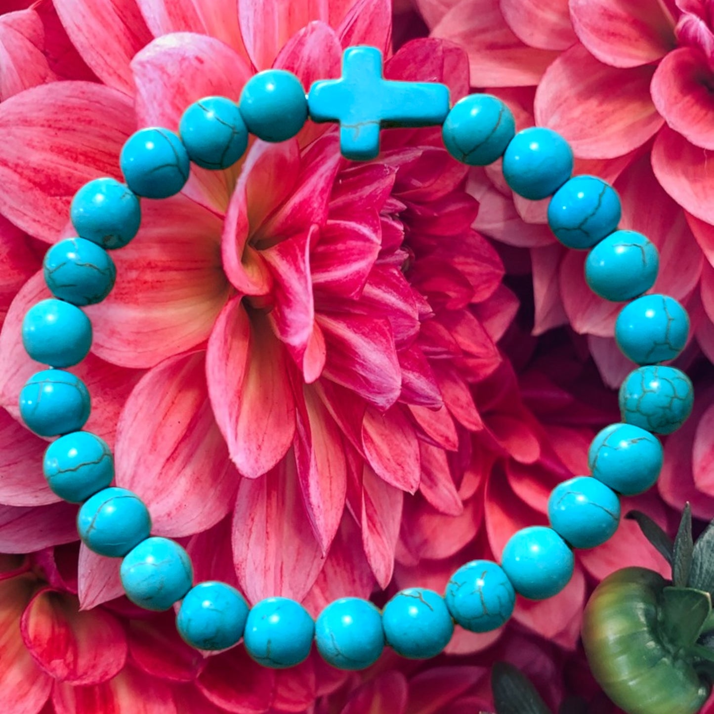 Semiprecious natural blue magnesite stone bracelet with cross