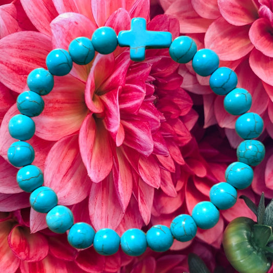 Semiprecious natural blue magnesite stone bracelet with cross