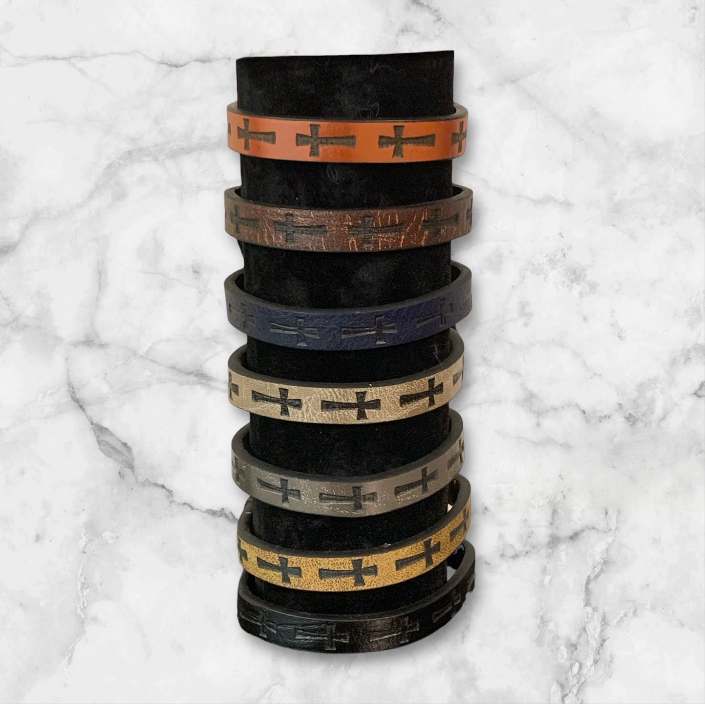Leather Cross Bracelet, Adjustable 7 to 8.5 inches Navy Red Brown Sand Wine Black