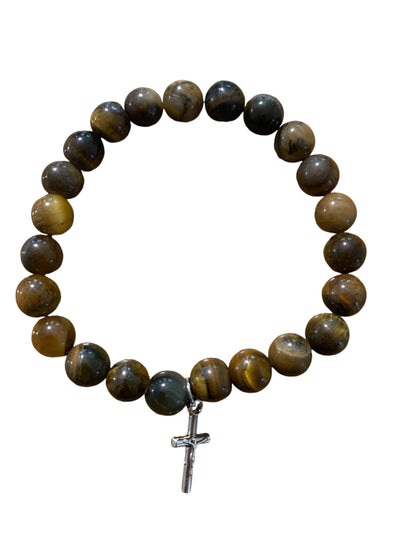 Handmade Tiger’s Eye Natural Stone Bracelet with Cross