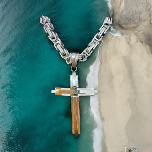 Man’s Stainless Steel Cross Necklace Heavy Thick Silver Color