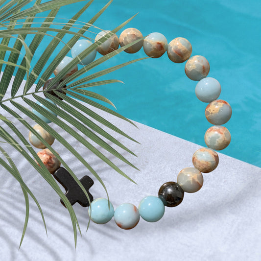 Handmade Light Blue Agate Natural Stone Bracelet with Cross